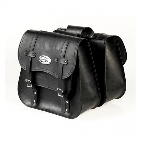 LEDRIE, REINFORCED RIGID LEATHER SADDLEBAG SET. THROW-OVER