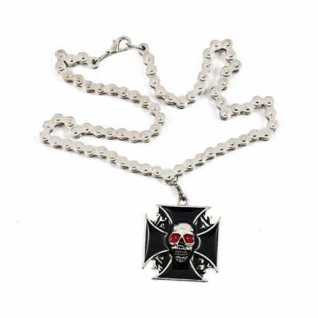 NECKLACE MALTESE CROSS, RED EYES SKULL