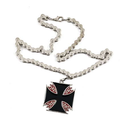 NECKLACE MALTESE CROSS, BLACK & FLAMES