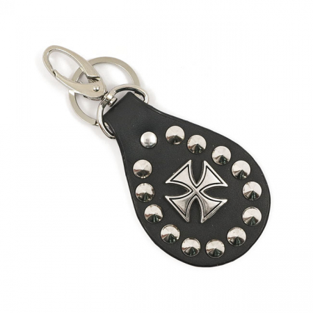 KEY RING BLACK LEATHER, MALTESE CROSS