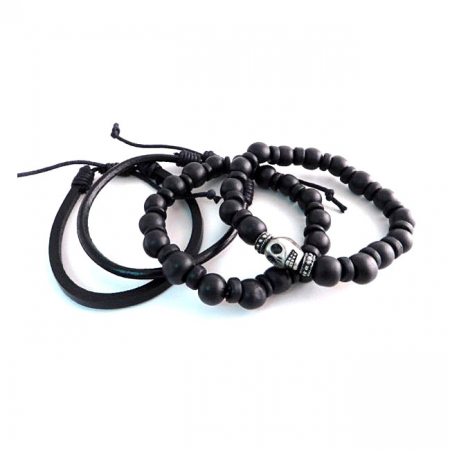 AMIGAZ SKULL BEAD & LEATHER BRACELET SET