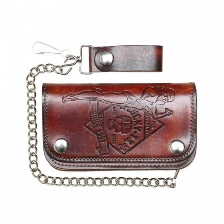 LUCKY 13 NO RIDER LEATHER EMBOSSED CHAIN WALLET BROWN