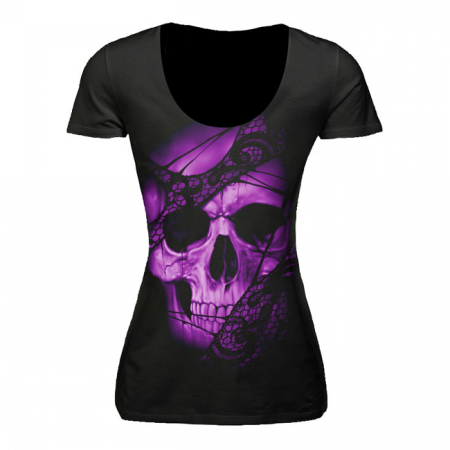 LT PURPLE LACE SKULL V-NECK T-SHIRT