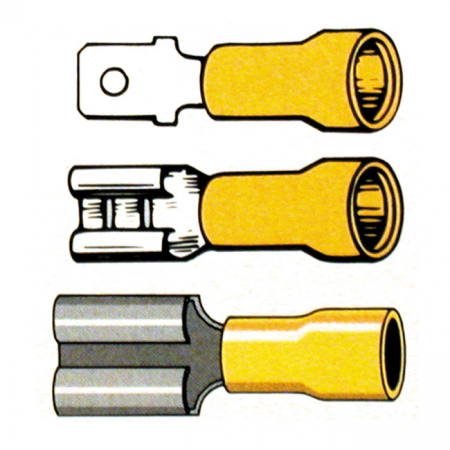 CONNECTORS, SLIDE-ON TERMINAL PVC, CRIMP. YELLOW 1/4" MALE