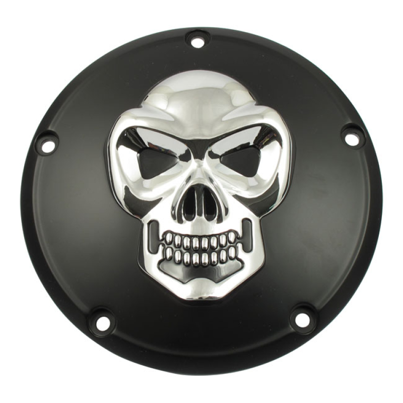 SKULL DERBY COVER 5-HOLE. BLACK & CHROME 3-D SKULL DESIGN. BLACK DERBY 500576
