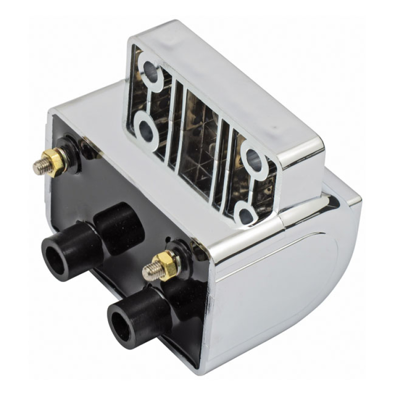 LATE OEM STYLE IGNITION COIL. 12V, 4 OHM. CHROME FITS STOCK COIL MOUNT 516803