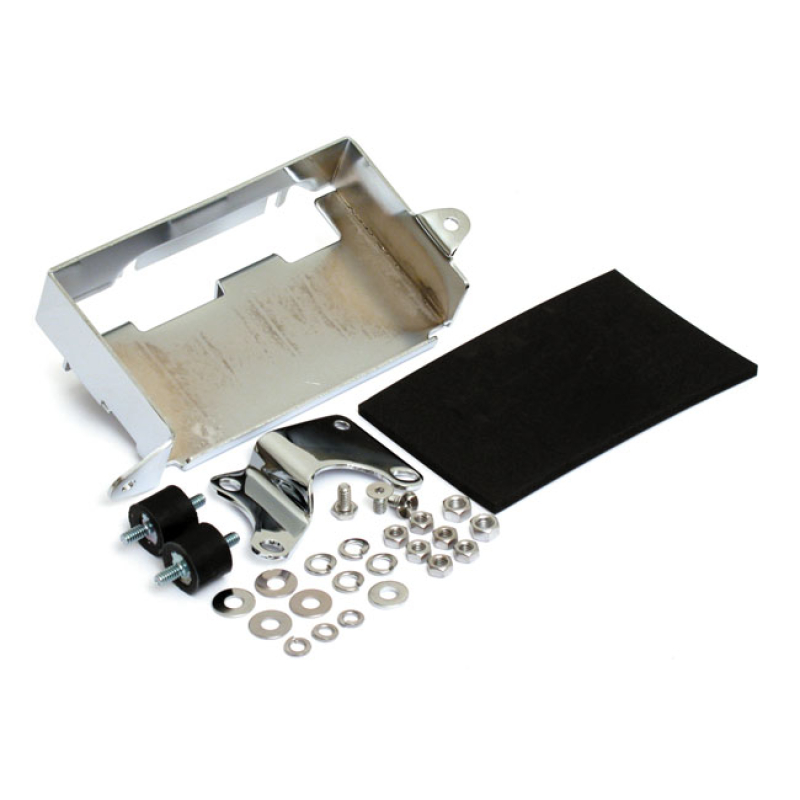BATTERY CARRIER TRAY. CHROME OEM STYLE REPLACEMENT FOR 66191-80 AND 66 907695